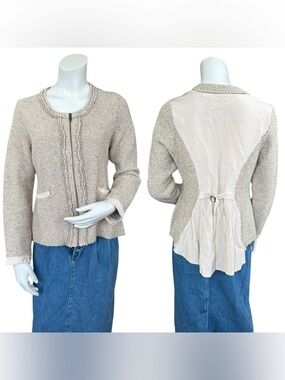 Anthropologie Silk Wool Blend Tweed Style Zip Up Mix Material Jacket Size Large